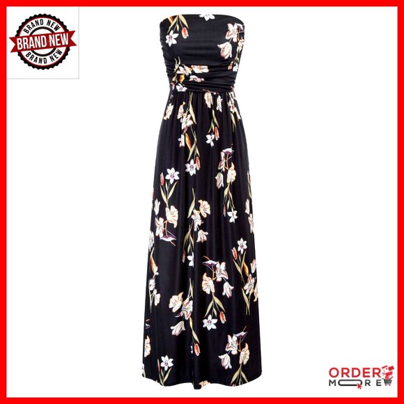 Dresses & Skirts - Strapless Maxi Dress Ruched Loose Fit Elegant Formal Party Wear with Pockets